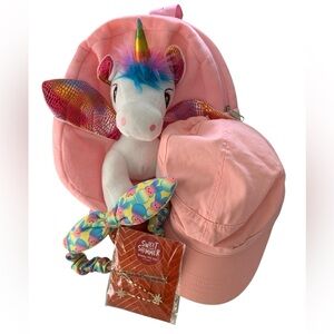 Accessories Bundle of pink unicorn bookbag, hair accessories set of four items